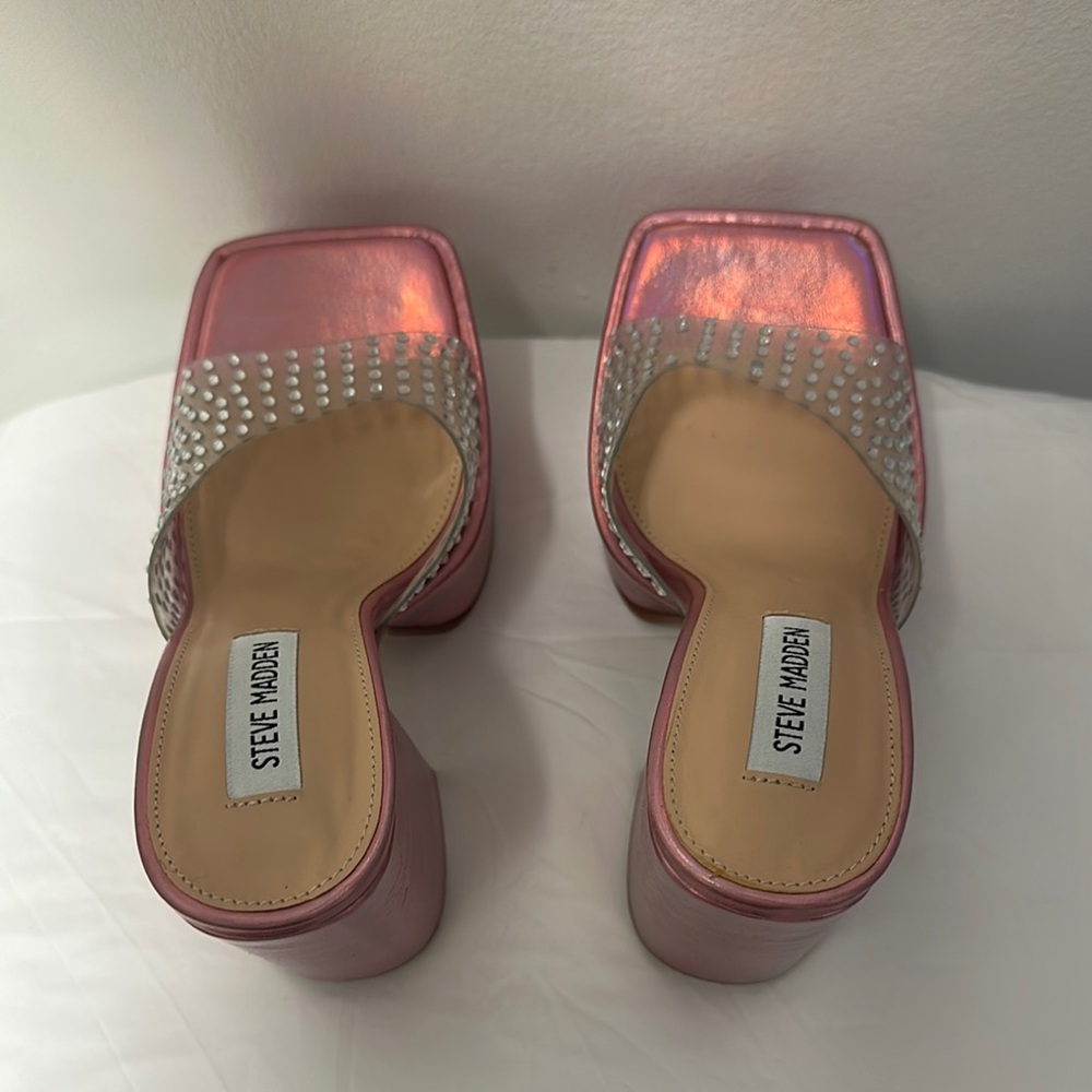 Steve Madden Ruby Iridescent Slip On Block Heel Squared Open Toe Heeled Sandals - Picture 3 of 16